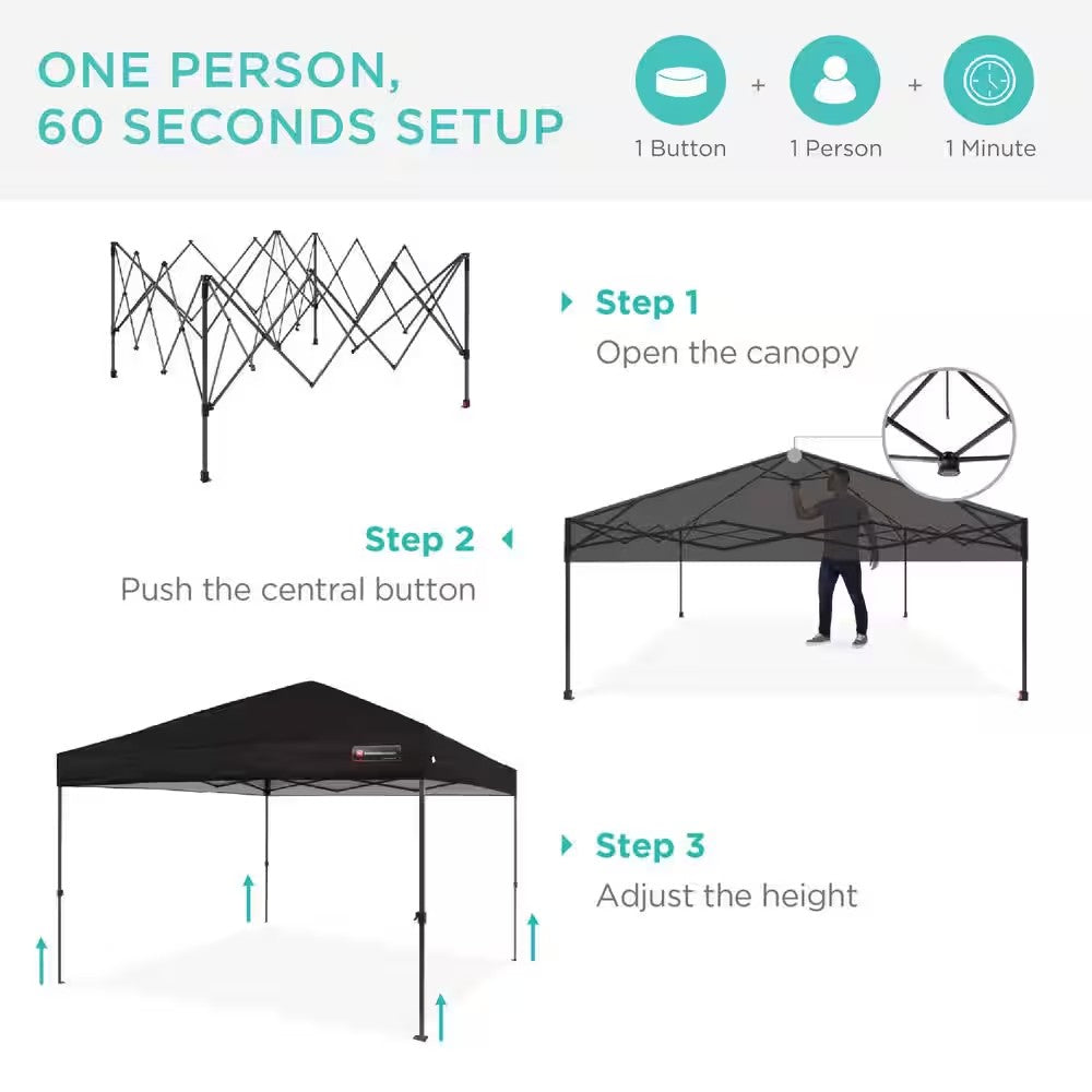 8 ft. X 8 ft. Black Pop Up Canopy with 1-Button Setup, Wheeled Case, 4-Weight Bags -M4-1555