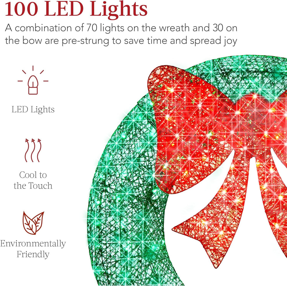 Best Choice Products 30in Pre-Lit Outdoor Christmas Wreath Decoration, LED Metal Holiday Decor for Home w/ 100 Lights, Bow - Green/Red 1483