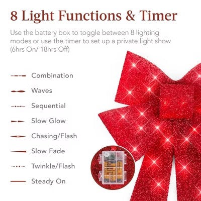 Best Choice Products Set of 3 Pre-Lit Christmas Bows, Indoor/Outdoor LED Holiday Decor w/ 8 Light Functions - Red - E4 - 975