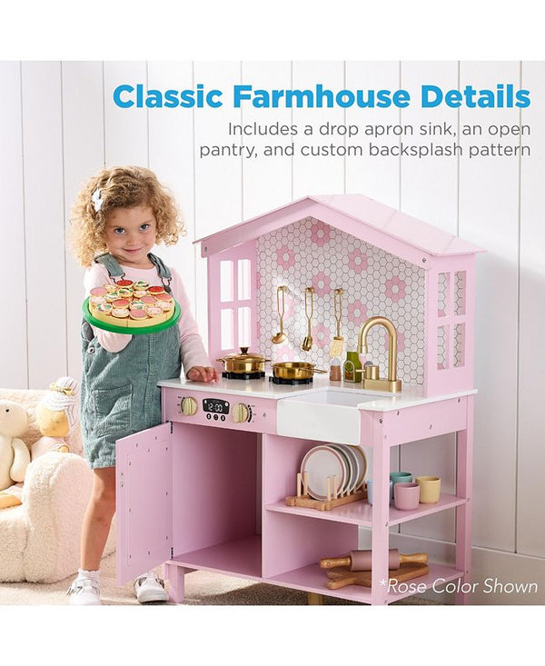 Best Choice Products Pretend Play Wooden Farmhouse Kitchen Set w/ Storage, Clicking Knobs, 5 Accessories - Tan/Beige - No Size -L4-0041