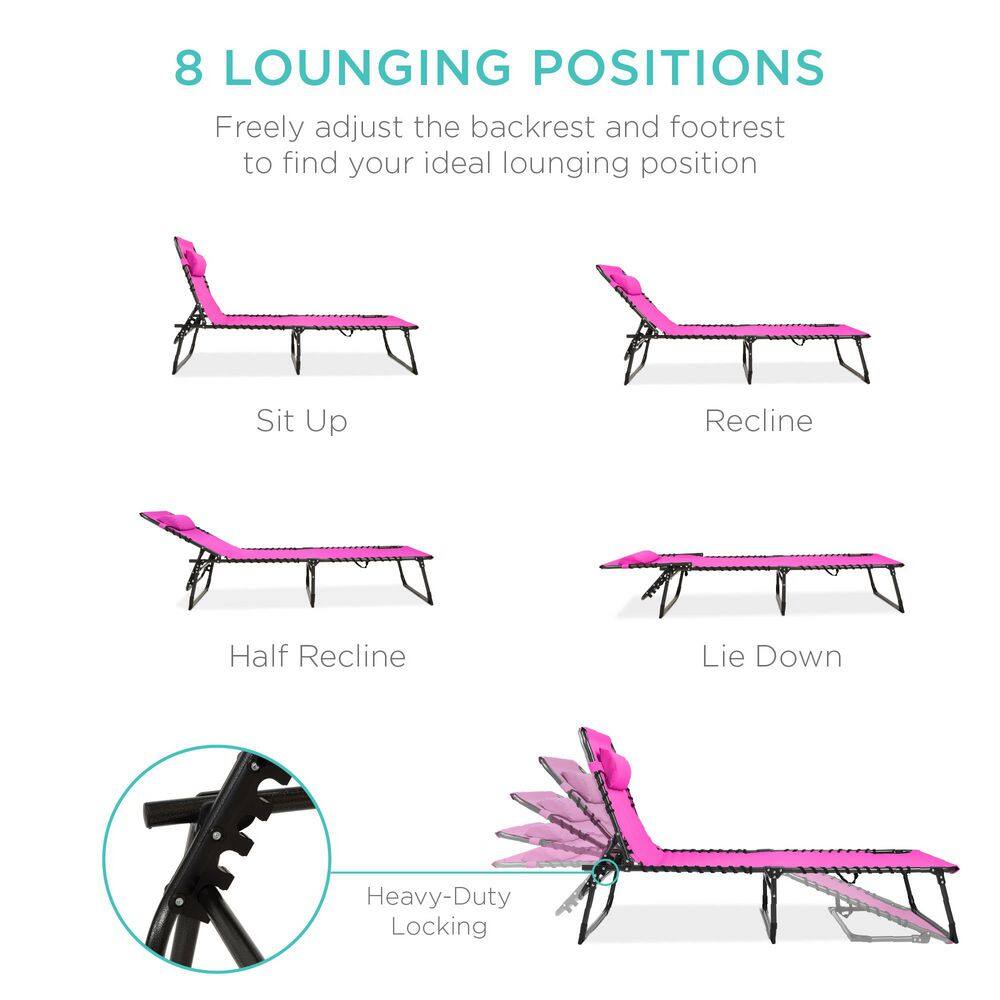 Metal Outdoor Chaise Lounge Chair, Portable Adjustable Folding Patio Recliner with Pillow in Dark Pink - D7 - 584