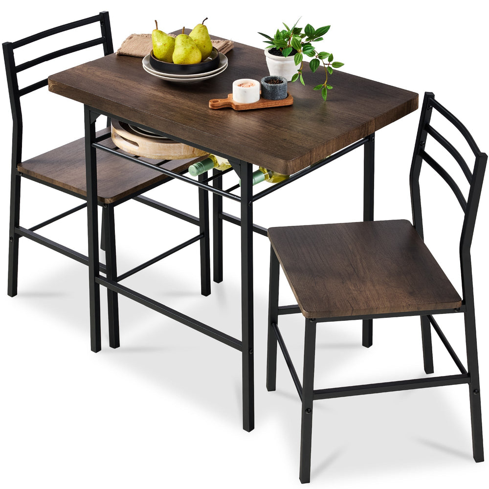 3-Piece Modern Square Dining Set W/ Storage Rack - Dark Brown/Black 1267