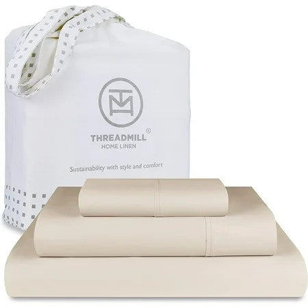 Threadmill Home Linen Cotton Twin Sheet Set | 100% Cotton Sheets for Twin Size Bed | Solid Sateen Twin Bed Sheets Set with 16  Deep Pocket | Soft Breathable 3-Piece Cooling Sheet Set | Beige 1378