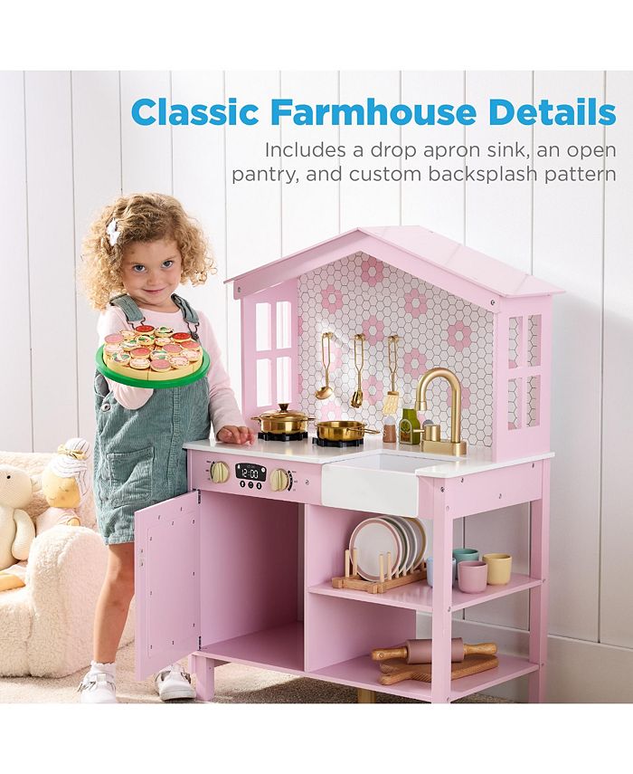 Best Choice Products Pretend Play Wooden Farmhouse Kitchen Set w/ Storage, Clicking Knobs, 5 Accessories - Pink - No Size 1974