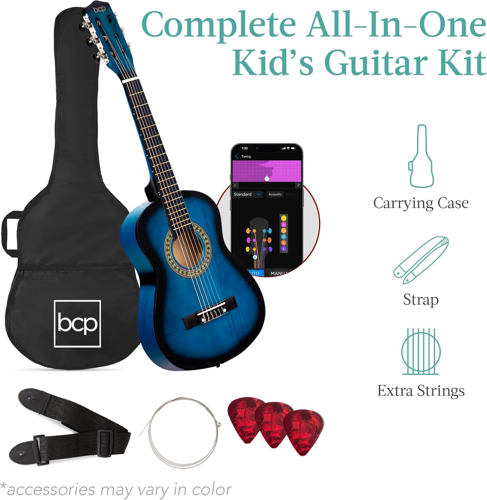 Best Choice Products 30in Kids Acoustic Guitar, All-in-One Beginner Starter Kit w/Strap, Case, Extra Strings, Rosette Inlay - Blueburst - E2 - 957