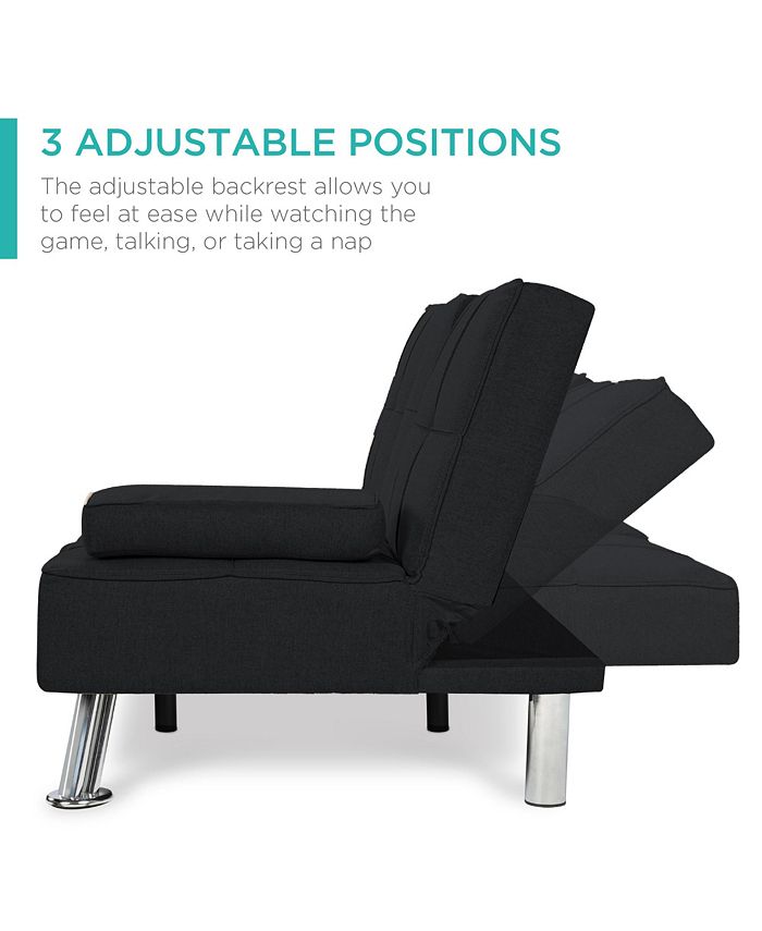 Best Choice Products Modern Linen Convertible Futon Sofa Bed w/ Removable Armrests, Metal Legs, Cupholders - Black - D5 - 1516