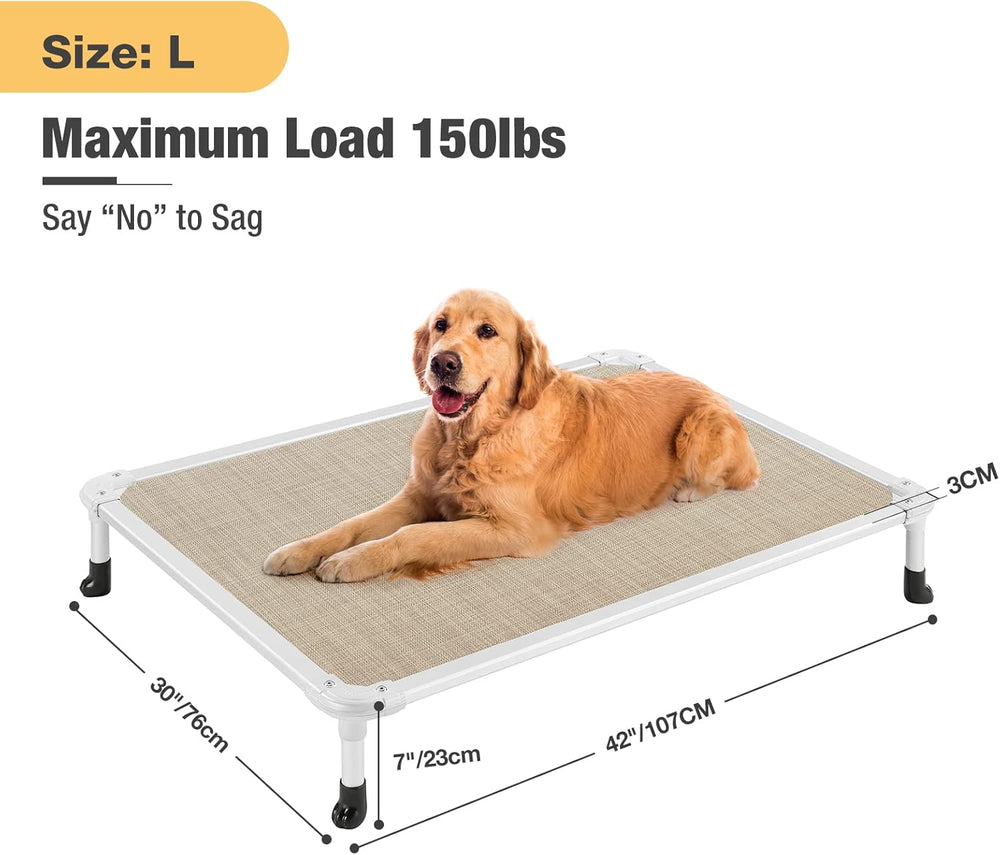Veehoo Chew Proof Elevated Dog Bed - Cooling Raised Pet Cot - Silver Aluminum Frame and Durable Textilene Mesh Fabric, Unique Designed No-Slip Feet for Indoor or Outdoor Use, Beige Coffee, Large - J4 - 1993