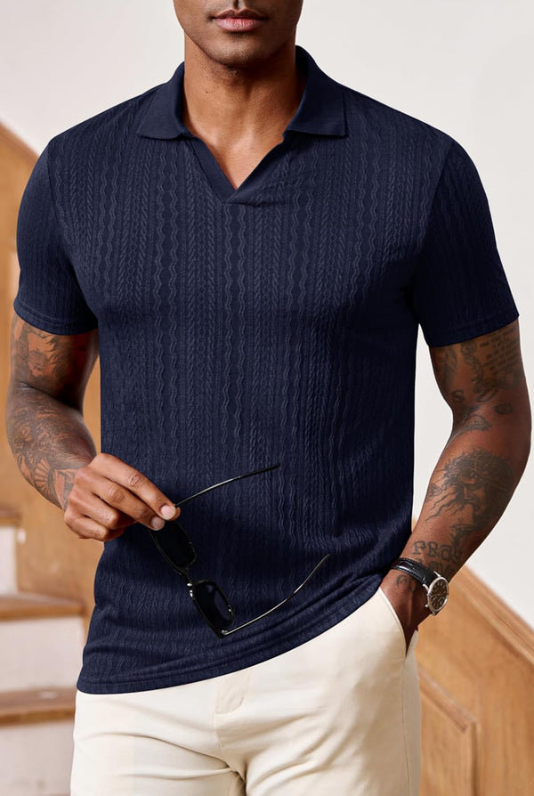 Men Johnny Collar Textured Polo Shirt Cable Knit Stretch Casual Shirts XL - 1903