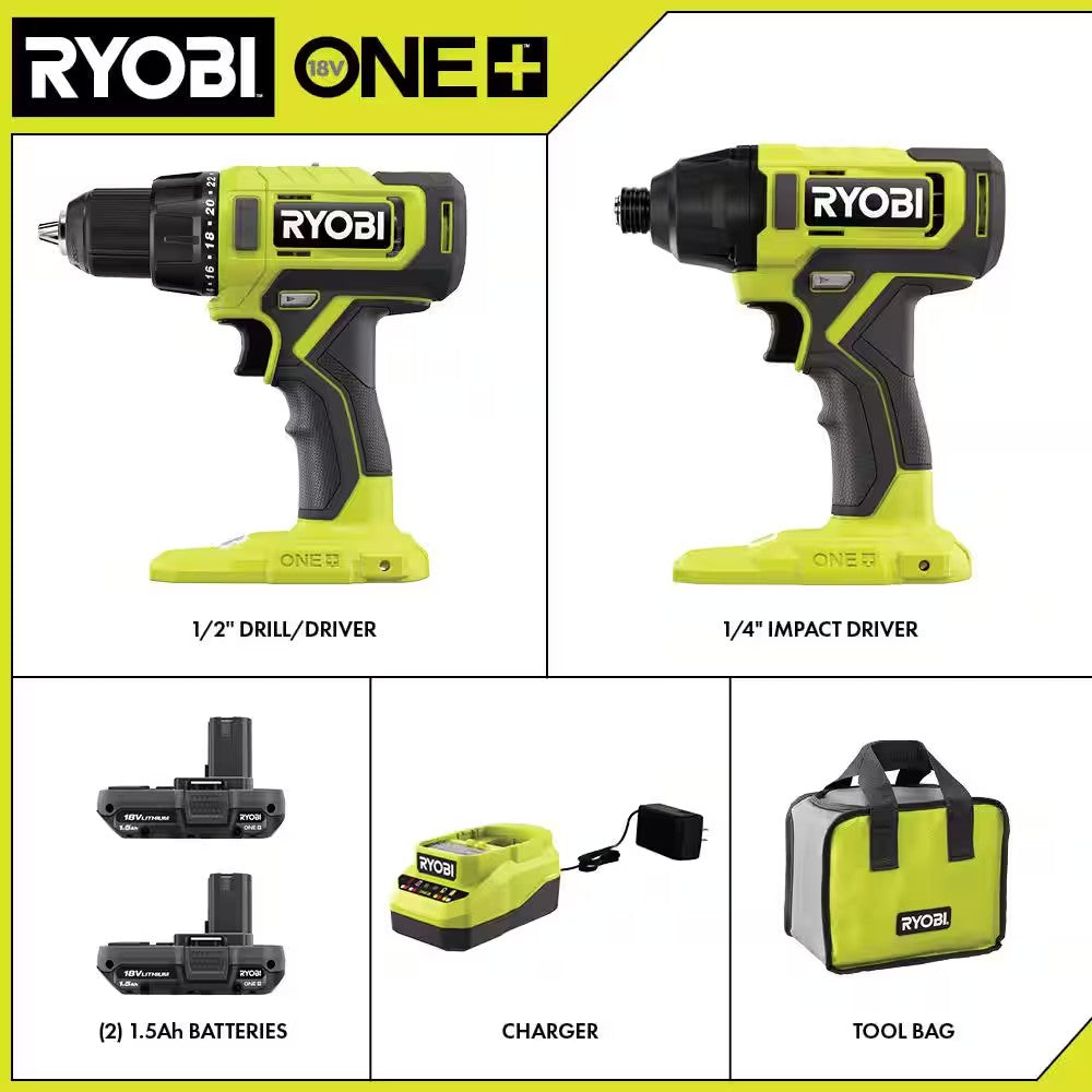 RYOBI ONE+ 18V Cordless 2-Tool Combo Kit with Drill/Driver, Impact Driver, (2) 1.5 Ah Batteries, and Charger 1683