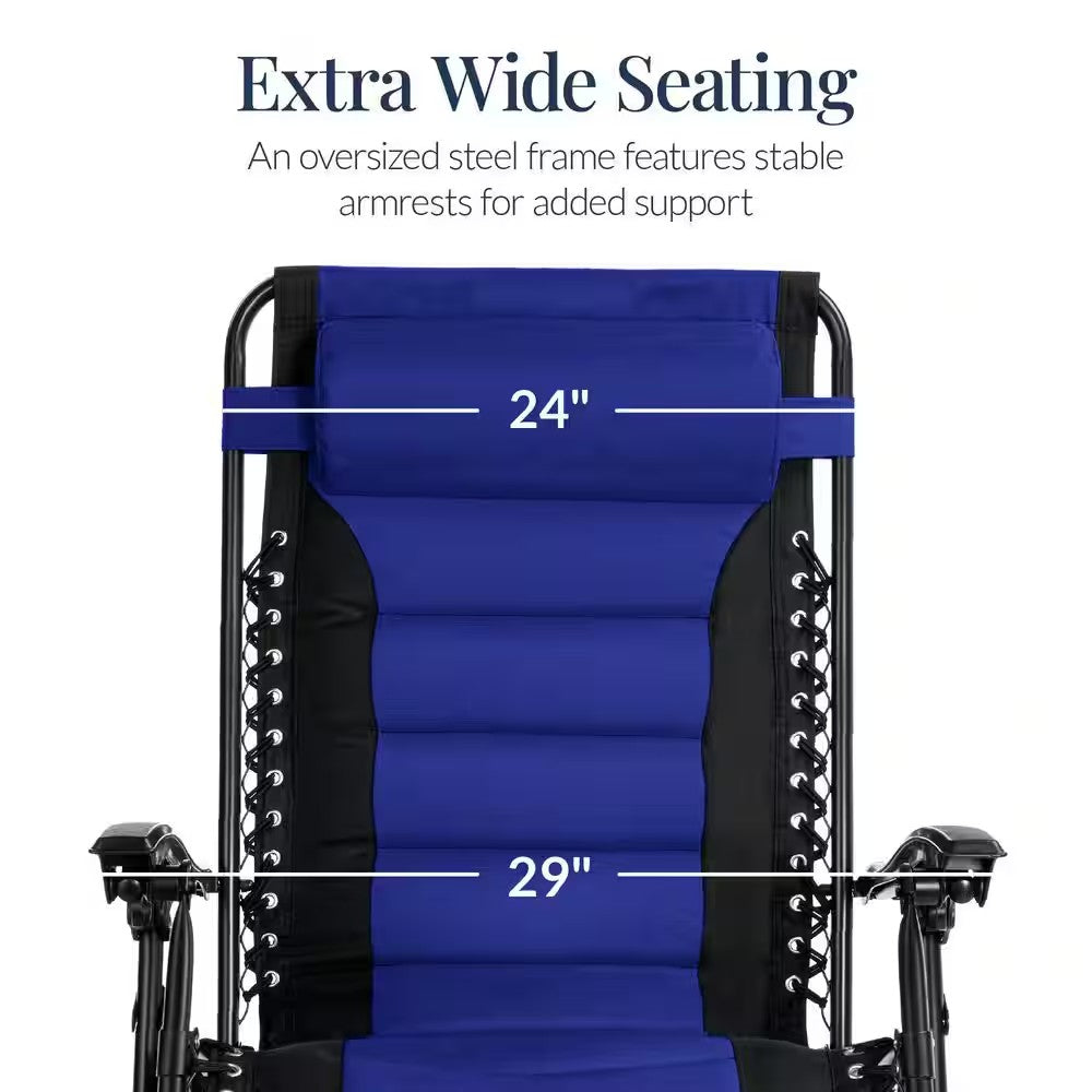 Oversized Padded Zero Gravity Blue Metal Reclining Outdoor Lawn Chair w/Side Tray - H3 - 1613