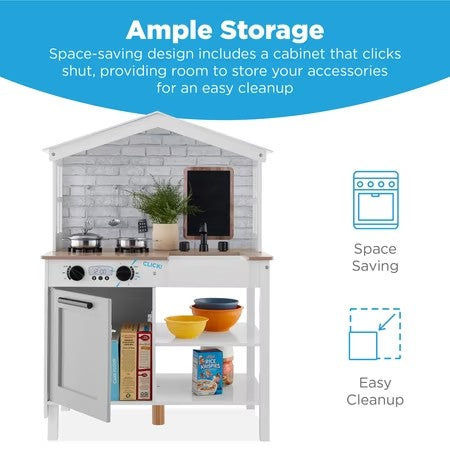 Best Choice Products Farmhouse Play Kitchen Toy for Kids w/ Chalkboard, Storage Shelves, 5 Accessories - Beveled White -G3-1970
