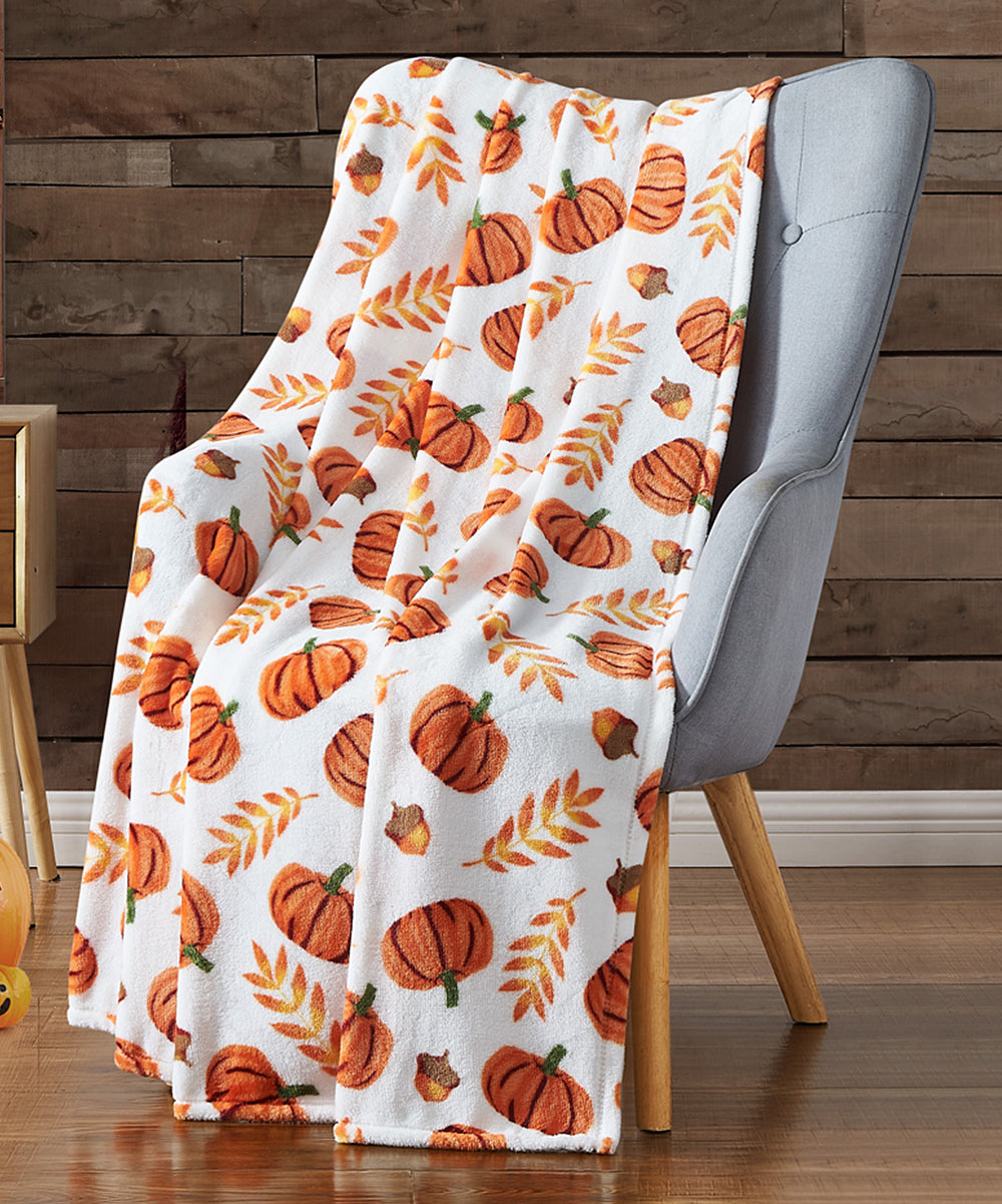 White & Orange Harvest Pumpkins Flannel Throw -F8-0842 -A8-1194