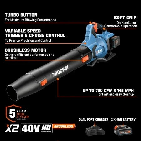 SENIX 40 Volt Max* Cordless Brushless Leaf Blower 700 CFM/145 MPH with 2 x 4.0AH Batteries & Dual-Port Charger Included, Cruise Control, Variable Speeds, BLAX2-M2 - 1787