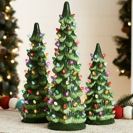 Best Choice Products Set of 3 Pre-Lit Hand-Painted Ceramic Tabletop Christmas Trees w/ Multicolor Lights - Green -E4-1962