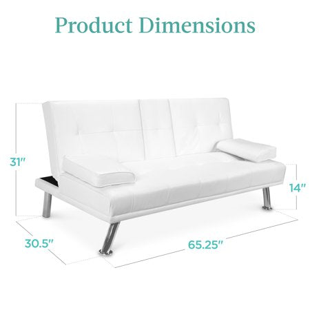 Best Choice Products Modern Faux Leather Convertible Futon Sofa w/ Removable Armrests, 2 Cupholders - White - H8 - 1087