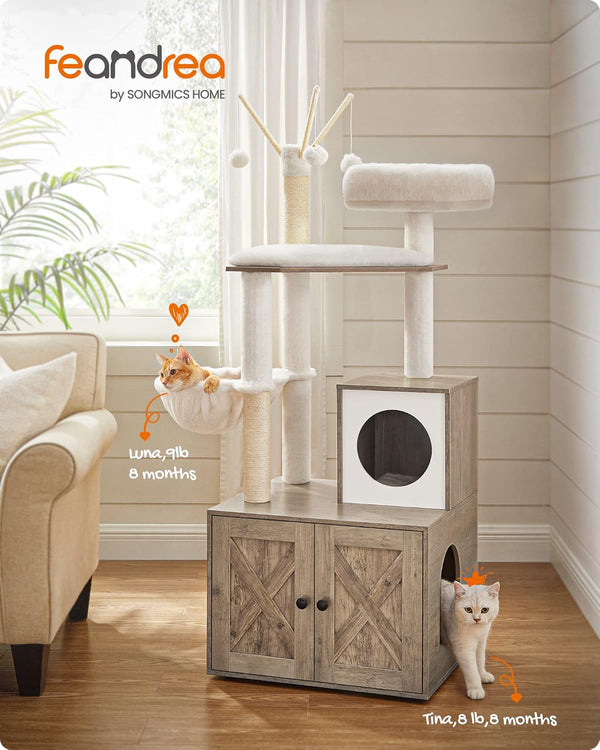 Feandrea Cat Tree with Litter Box Enclosure, 59-Inch Modern Cat Tower, 2-in-1 Condo with Scratching Posts, Washable Removable Cushion - M7 - 1652