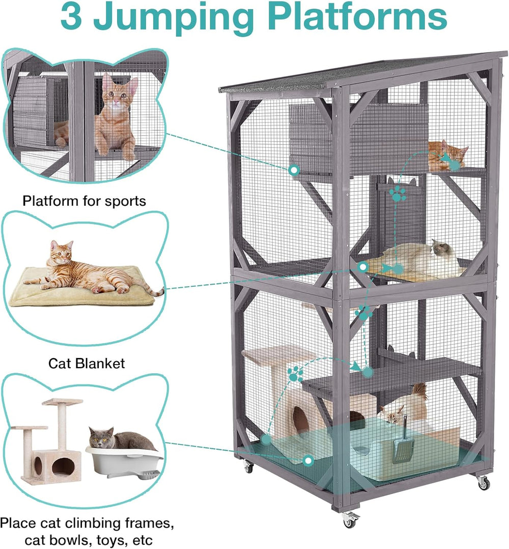 Catio Outdoor Cat Enclosure,Cat House with Wheels,Upgraded Resting Box,Waterproof Roof for Patio Garden 301 - D3