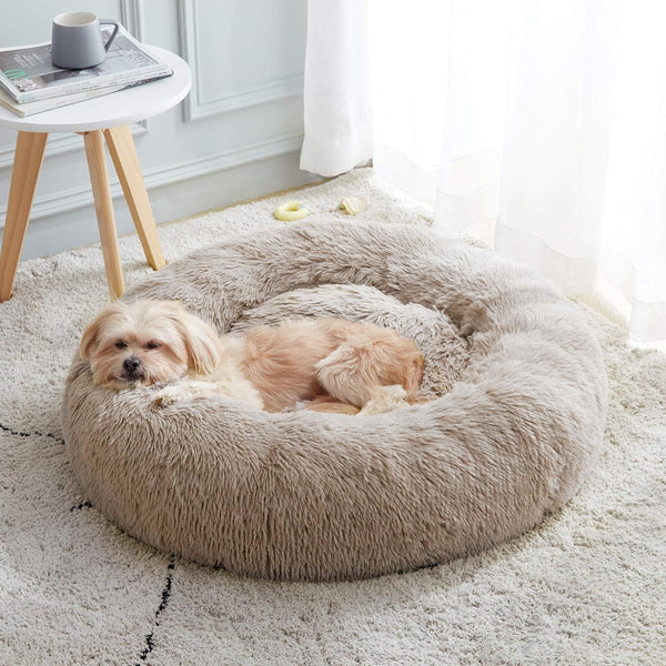 Calming Dog Bed & Cat Bed, Anti-Anxiety Donut Cuddler Warming Cozy Soft Round Fluffy Faux Fur Plush Cushion Bed for Small Medium Dogs and Cats - L9 - 1642