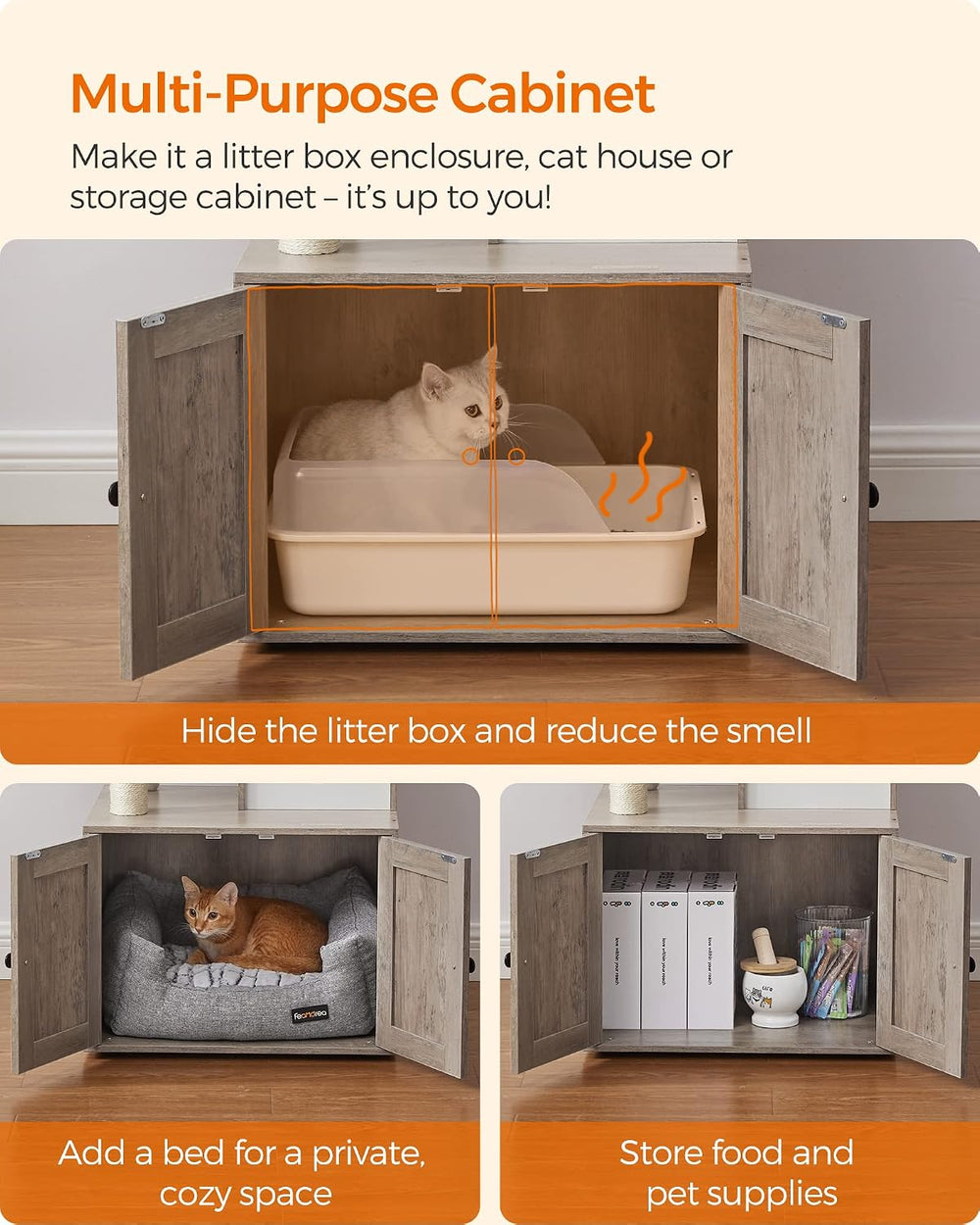 Feandrea Cat Tree with Litter Box Enclosure, 59-Inch Modern Cat Tower, 2-in-1 Condo with Scratching Posts, Washable Removable Cushion - M7 - 1652