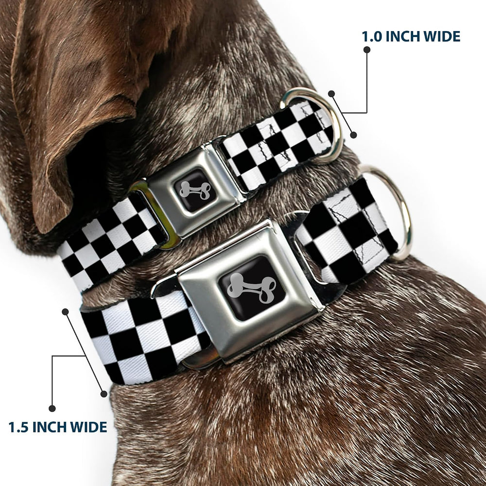 Dog Collar Seatbelt Buckle Checker Black White 18 - 36 Inches 1.5 Inch Wide, Multicolor - L10 - 1660