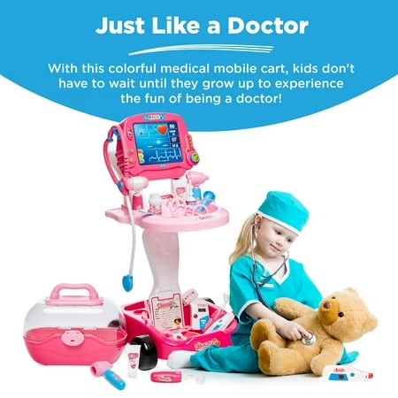 Best Choice Products Play Doctor Kit for Kids, Pretend Medical Station Set with Carrying Case, Mobile Cart - Pink - F3 - 1590