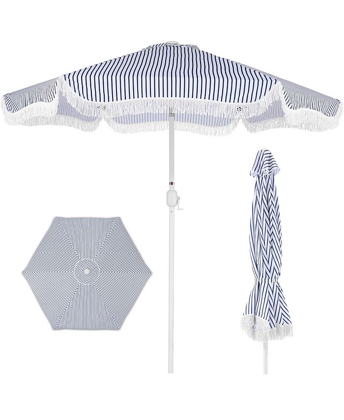 Best Choice Products 9ft Fringe Market Umbrella   Boho Patio Sunshade w/ Tilt, UPF50+, Steel Pole for Table, Pool, Deck - Blue - E7 - 1036