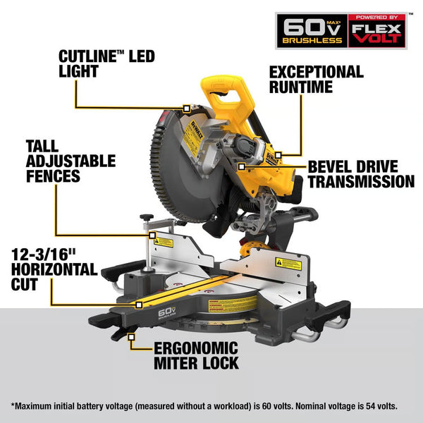 DeWalt 60V MAX Flexvolt 12 in. Cordless Brushless Dual-Bevel Sliding Compound Miter Saw Tool Only 1875