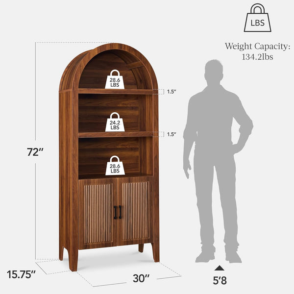 Best Choice Products 72in Tall Arched Pantry Cabinet w/Doors, 5-Tier Bookshelf, Armoire, Hutch, Bookcase, Storage Cabinet w/Adjustable Shelves - Walnut 1773