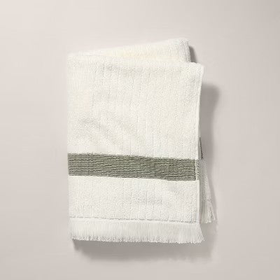 Textured Stripe Terry Bath Towel with Fringe Green