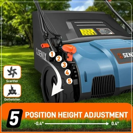 SENIX Corded Dethatcher/Scarifier 2 in 1, 15" 13Amp, 5-Position Adjustment with Collection Bag, SCE13-M 1944