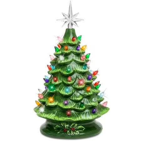 Best Choice Products 15in Ceramic Christmas Tree, Pre-lit Hand-Painted Holiday Decor w/ 64 Lights - Green w/ Multicolor Bulbs - G3 - 1614