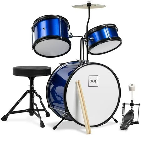 Best Choice Products Kids Beginner 3-Piece Drum, Musical Instrument Set w/ Sticks, Cushioned Stool, Drum Pedal - Blue - F9 - 1046