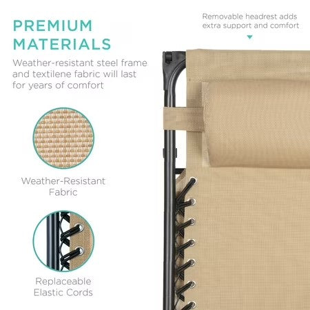 Best Choice Products Folding Zero Gravity Recliner Patio Lounge Chair w/ Canopy Shade, Headrest, Tray - Beige -M11-0050