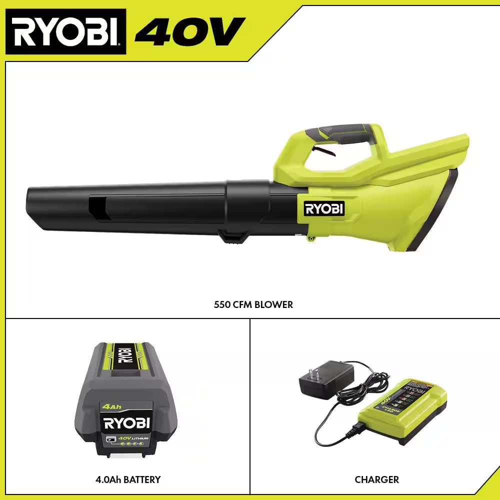 RYOBI 40V 120 MPH 550 CFM Cordless Battery Leaf Blower With 4.0 Ah Battery and Charger B1040