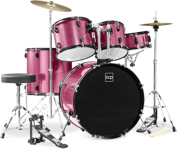 Best Choice Products 5-Piece Full Size Complete Adult Drum Set w/Cymbal Stands, Stool, Drum Pedal, Sticks, Floor Tom - Pink Sparkle 1810