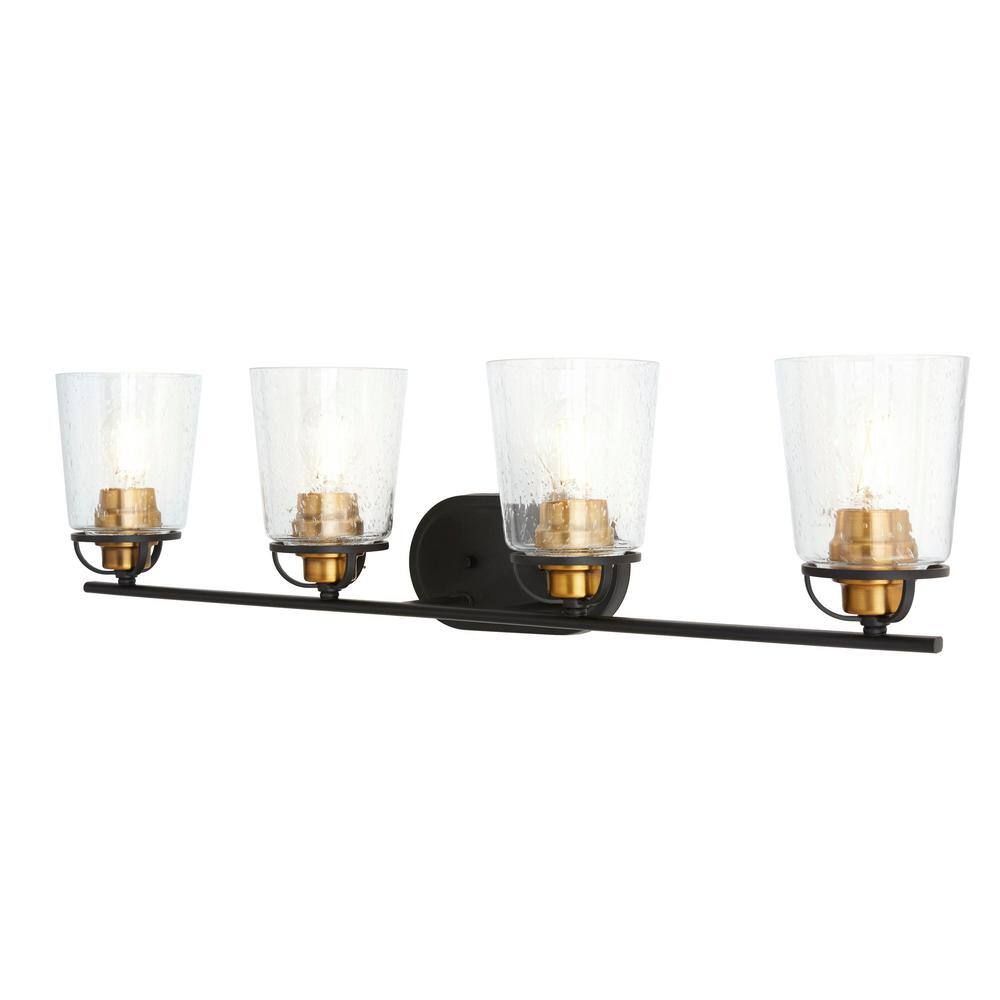 Goddard 33.18 in. 4-Light Bronze Industrial Bathroom Vanity Light with Vintage Brass Accents and Clear Seeded Glass 1950