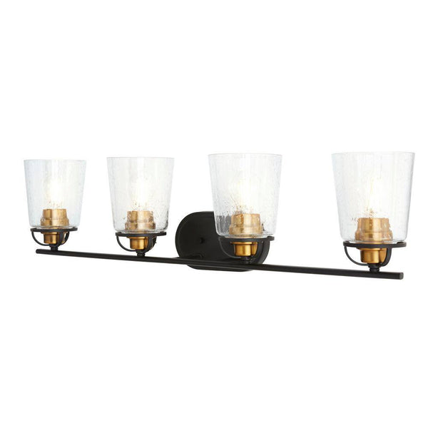 Goddard 33.18 in. 4-Light Bronze Industrial Bathroom Vanity Light with Vintage Brass Accents and Clear Seeded Glass 1950