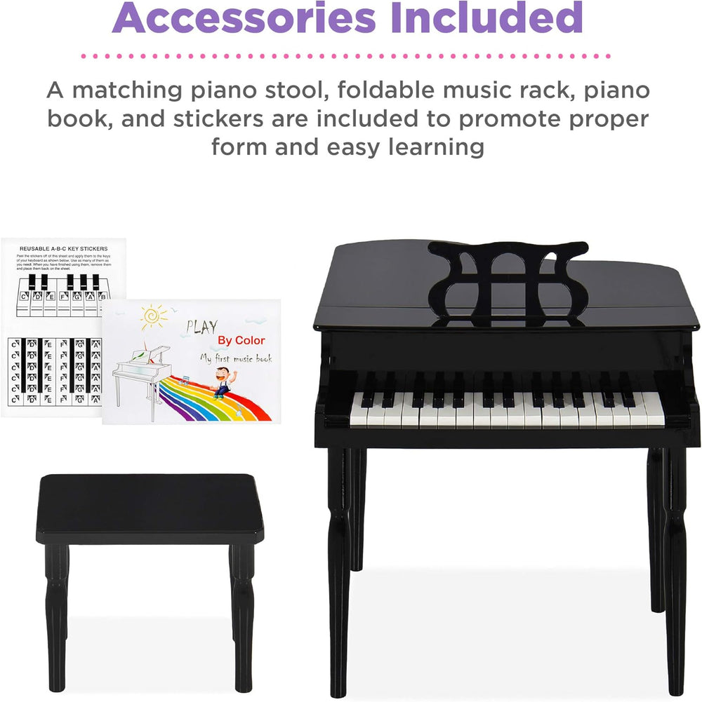 Best Choice Products Kids Classic Wooden 30-Key Mini Grand Piano Musical Instrument Toy w/ Piano Lid, Bench, Foldable Music Rack, Song Book, Note Stickers, Enamel Finish - Black - D10 - 719