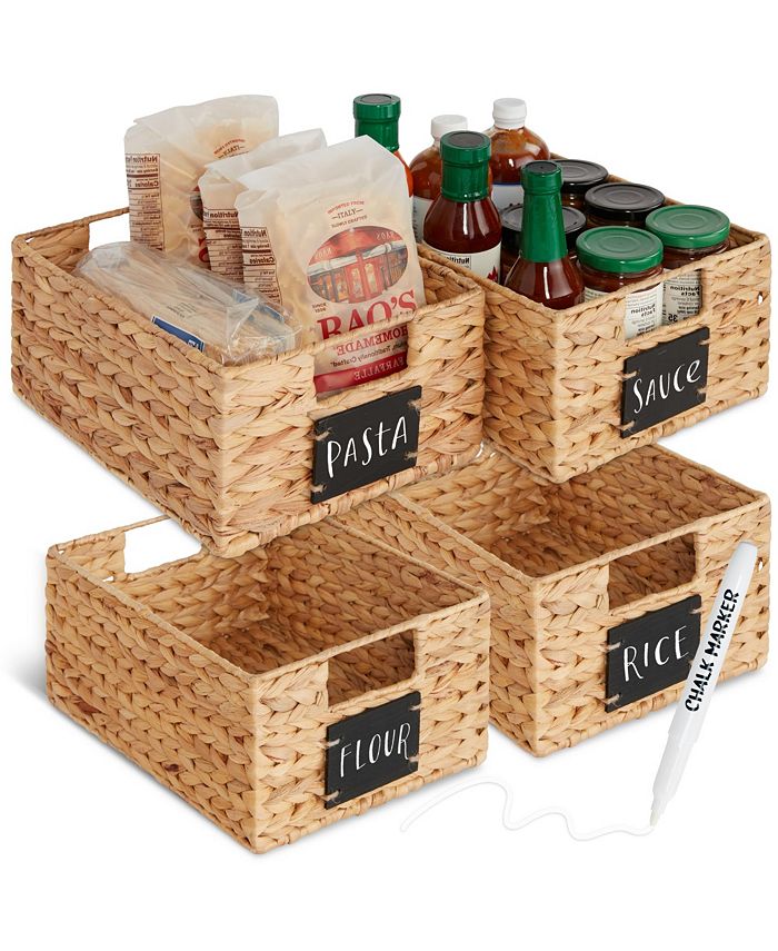 Best Choice Products Set of 4 12in Woven Water Hyacinth Pantry Baskets w/ Chalkboard Label, Chalk Marker - Tan/Beige -C6-0406