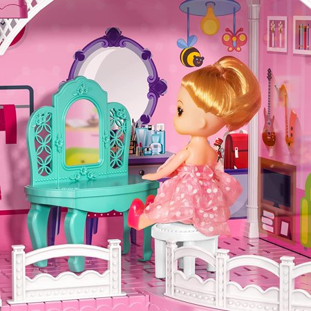Freecat 3-Story 8 Rooms Playhouse, with 2 Dolls Toy Figures, Dream House Doll House 7-8 for Girls, for Girl Boy Toys Age 3+ 303 - C1