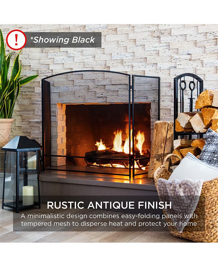 Best Choice Products 47.5x27.25in 3-Panel Steel Mesh Fireplace Screen, Spark Guard w/ Rustic Worn Finish - Black - NO SIZE - H3 - 1605