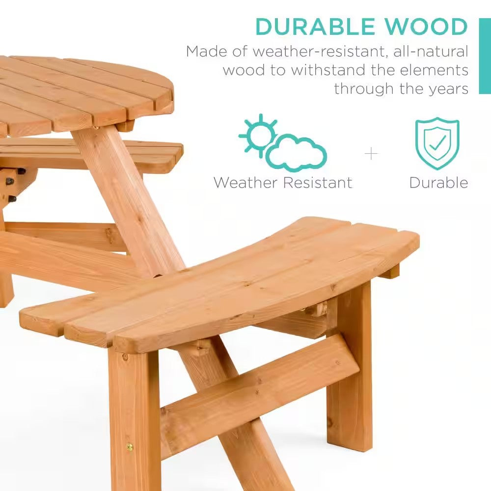 6-Person Natural Circular Wooden Picnic Table w/ Umbrella Hole, 3-Benches - H8 - 115