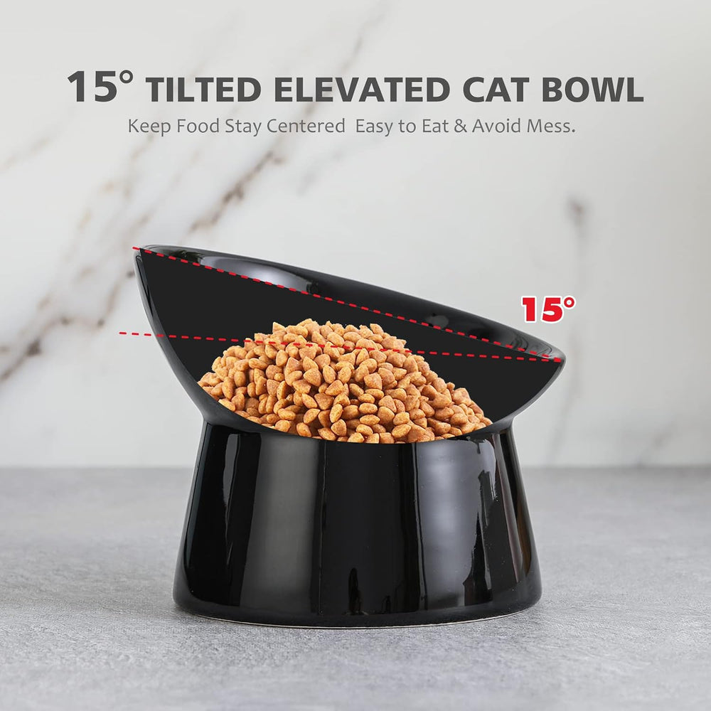 Raised Ceramic Cat Food Bowls   Tilted Elevated Anti-Vomit Cat Bowl   Whisker-Friendly Wide Shallow Feeding Dish   for Dry & Wet Food   Microwave & Dishwasher Safe -G7-0187