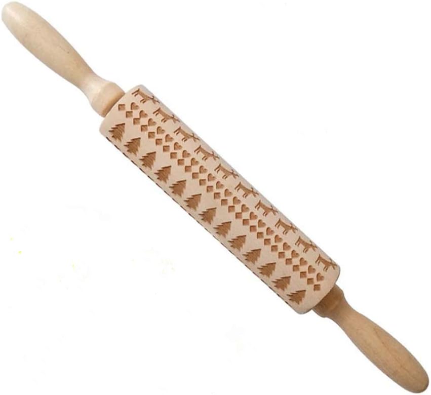 Christmas Wooden Rolling Pins Engraved Embossing Rolling Pin with Christmas Symbols for Baking Embossed Cookies - B10 - 1247