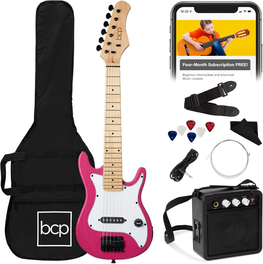 Best Choice Products 30in Kids Electric Guitar Beginner Starter Kit w/ 5W Amplifier, Strap, Gig Bag, Strings, Picks - Pink Sparkle - F10 - 1064