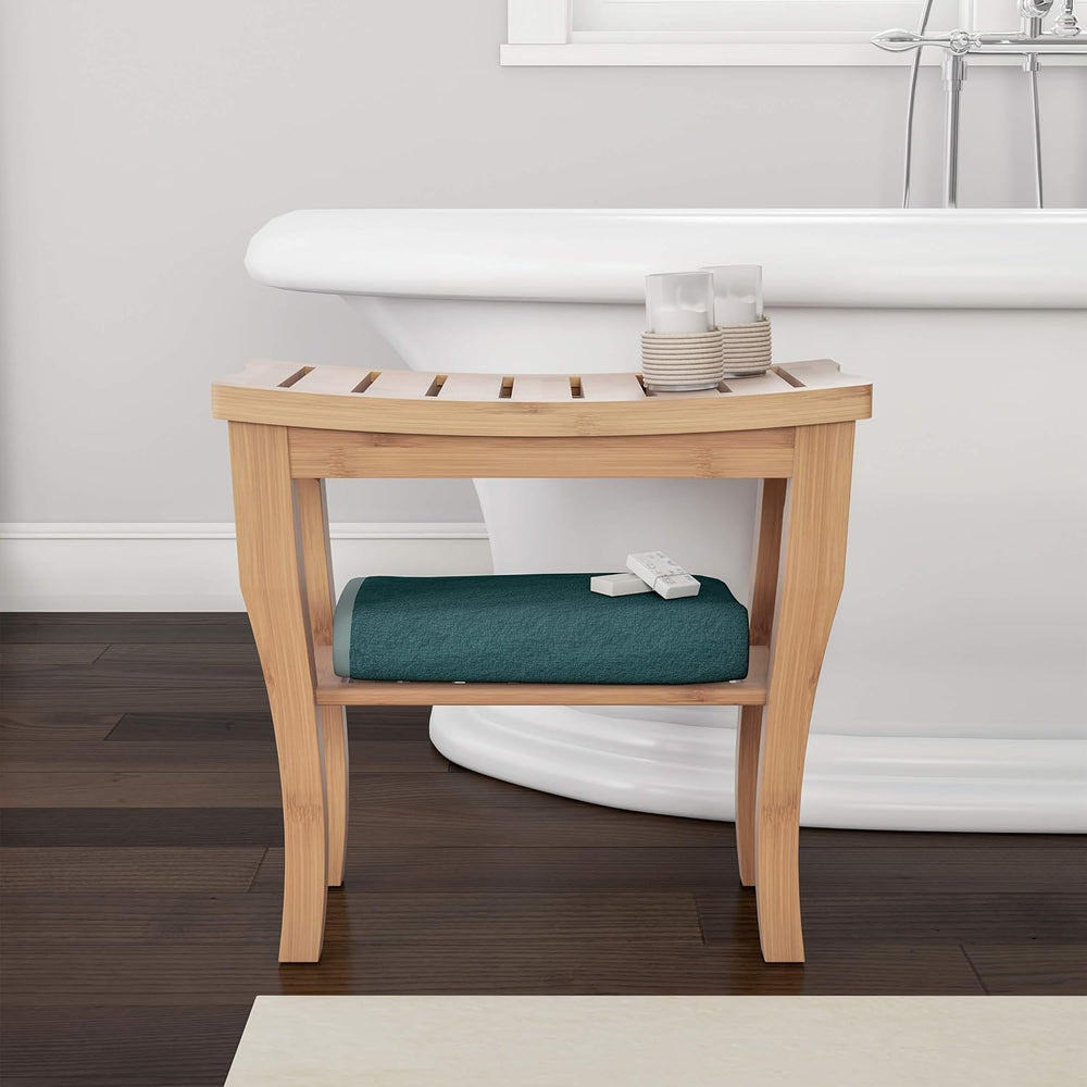 Lavish Home Shower Bench-Water Resistant Natural Eco-Friendly Bamboo with Storage Shelf for Bathroom, Spa or Sauna - E1 - 936