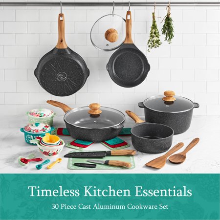 The Pioneer Woman Prairie Signature 30-Piece Cast Aluminum Cookware Set, Charcoal Speckle - C13 - 1315