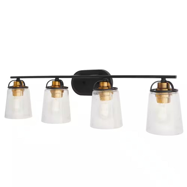 Goddard 33.18 in. 4-Light Bronze Industrial Bathroom Vanity Light with Vintage Brass Accents and Clear Seeded Glass 1950