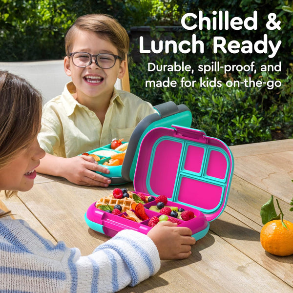 Bentgo Chill Kids Leak-Proof Lunch Box - 4-Compartment Bento Box with Built-In Ice Pack, 3.3 Cup Capacity, PFAS & BPA-Free, Microwave & Dishwasher Safe, Ideal Size for Ages 3 to 7 (Fuchsia/Teal) - B10 - 1256