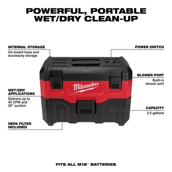 Milwaukee M18 0880-20 2 gal Cordless Shop Vacuum Tool Only 18 V 1858